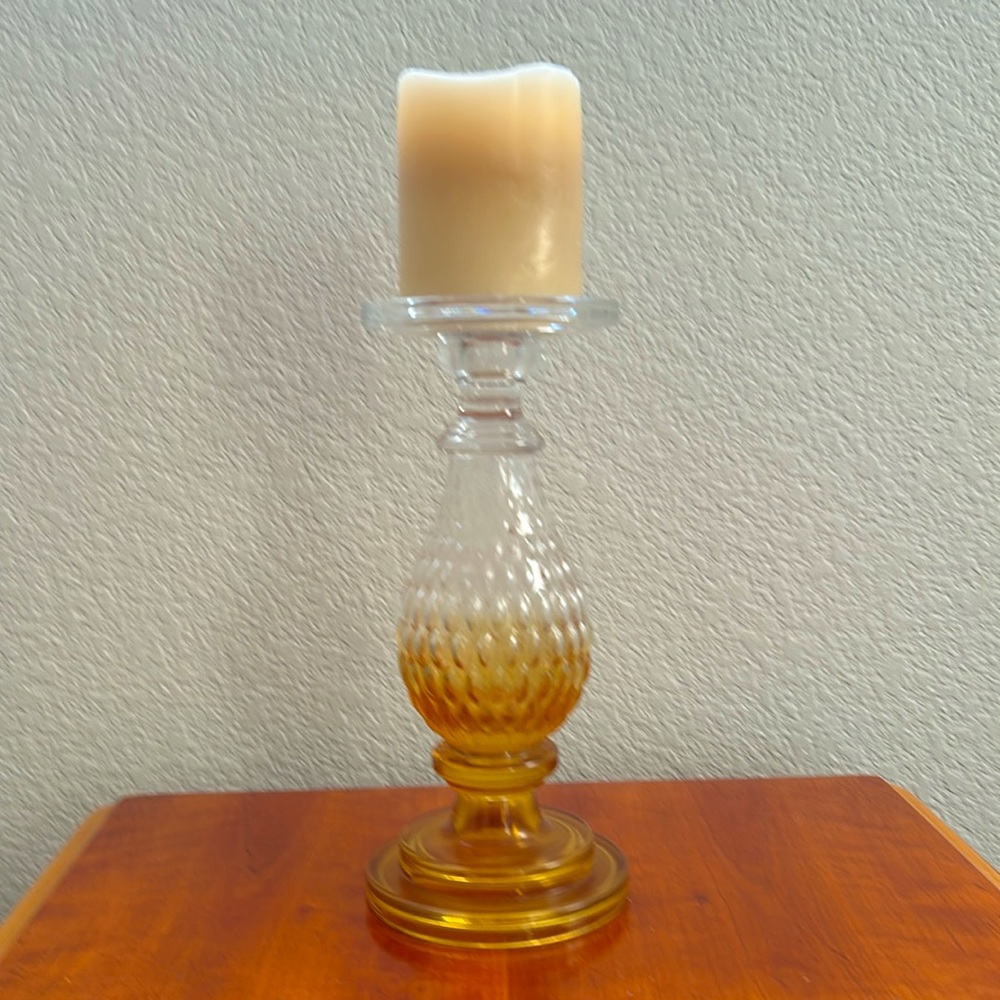 Rare Vintage Diamond Star Clear and Amber Glass Candle Holder Seta Vetro Series